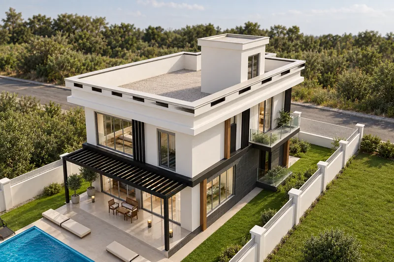 Villanın diğer köşeden pergola, çim ve havuzla görselleştirmesi